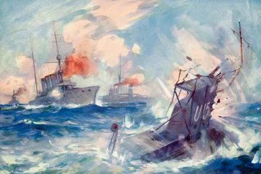 Das Sinken des deutschen U-Boots SM U-15 nach dem Rammen durch den britischen leichten Kreuzer H.M.S. Birmingham, 9. August 1914 während des Ersten Weltkriegs, aus Die Geschichte des Großen Krieges, veröffentlicht um 1919